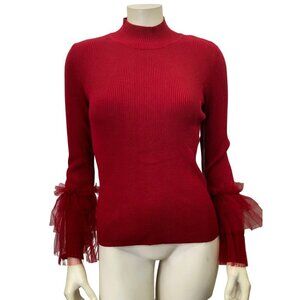 VINCE CAMUTO $79 LACE RUFFLE‎ SLEEVE MIOCK NECK RED SWEATER SM NWT